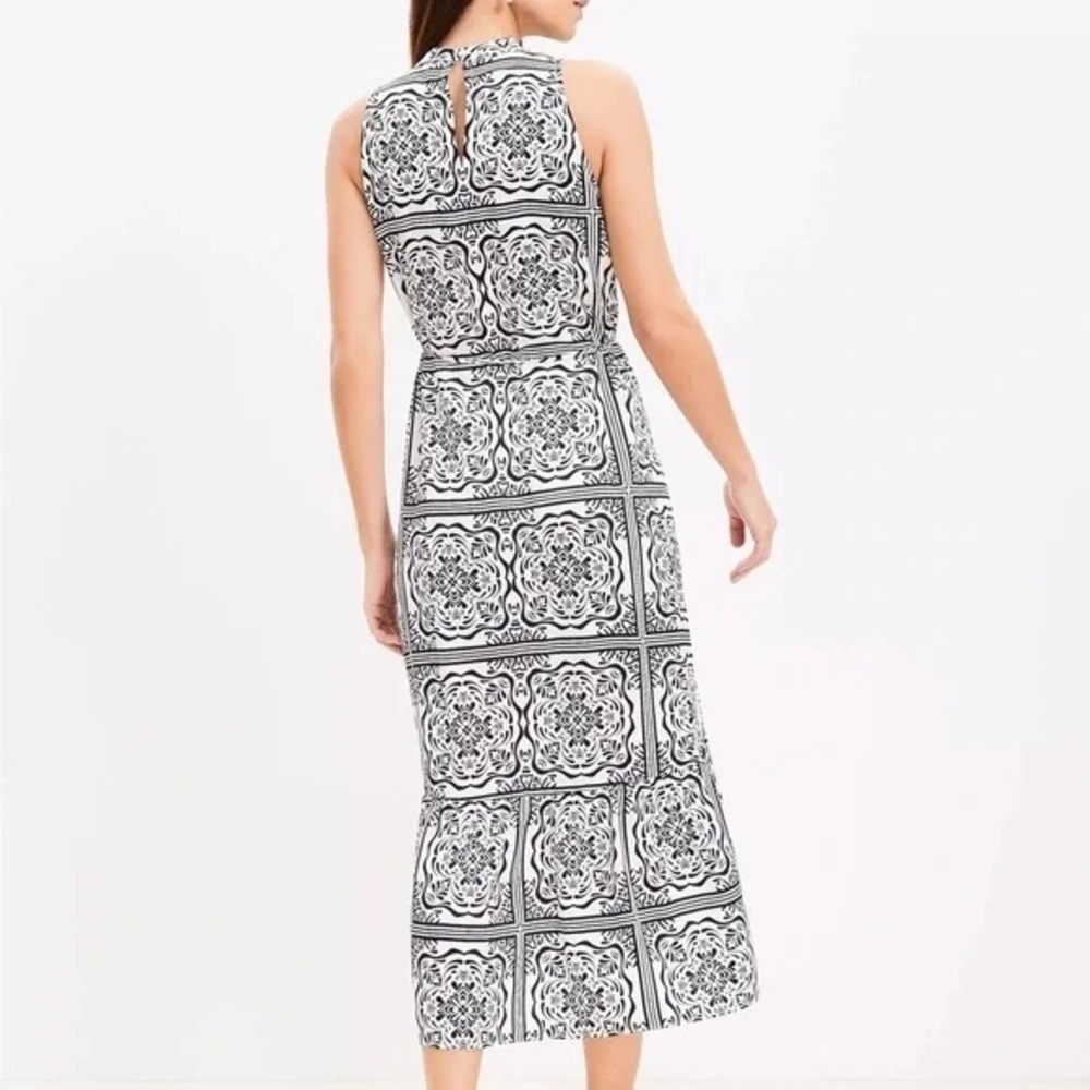 LOFT Sleeveless Tile Print Midi Dress Women’s XL NWT Black & White Ruffle Hem - Picture 2 of 12